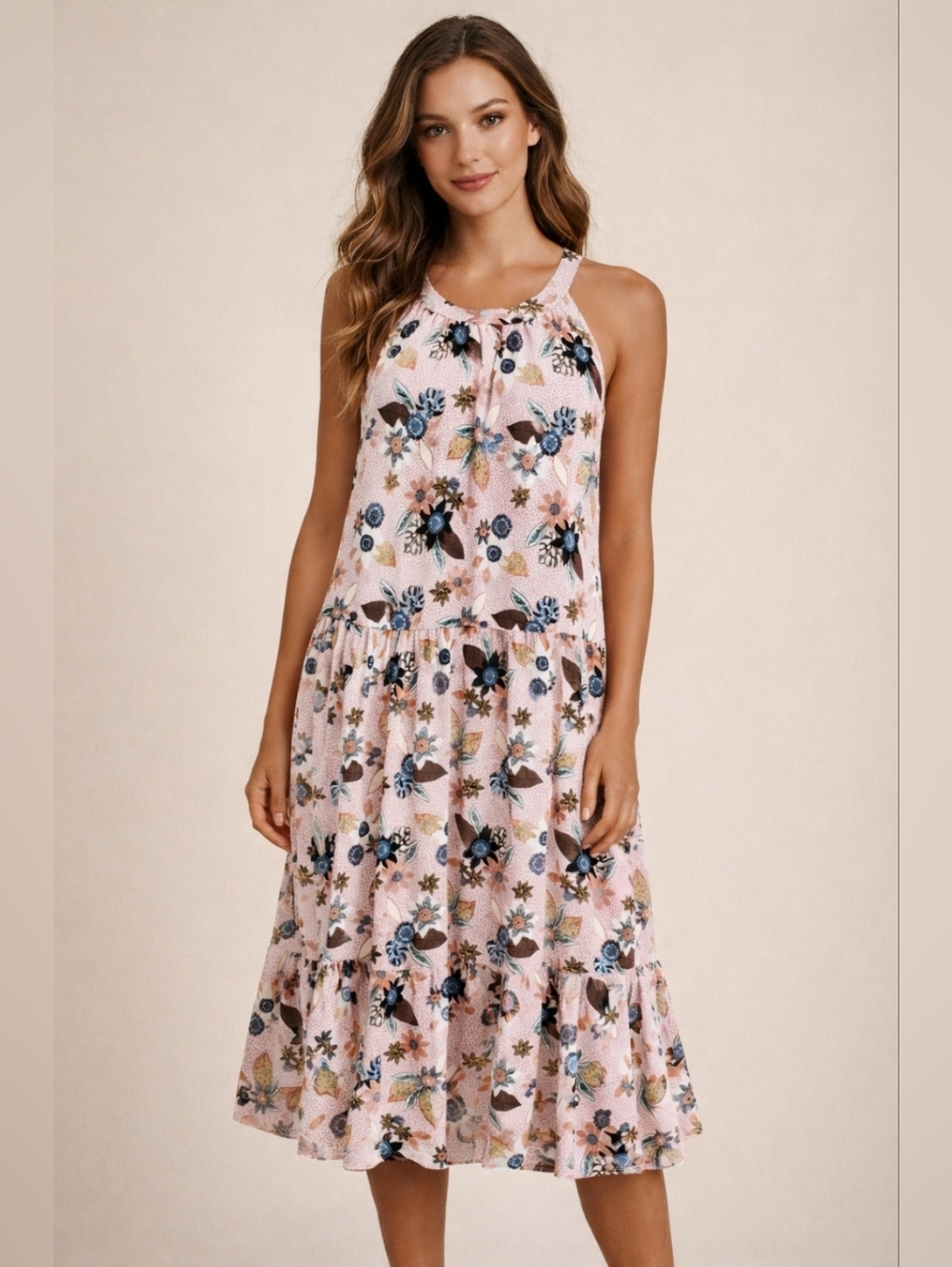 NWOT LOFT Pink Floral Sleeveless Halter Tiered Swing MIDI Dress Size 14